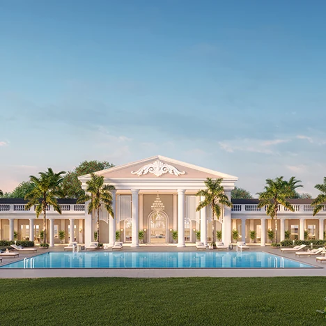 Lodha Azur, Bannerghatta Road - a different project Swimming pool in front of a colonnaded clubhouse, Lodha Azur render