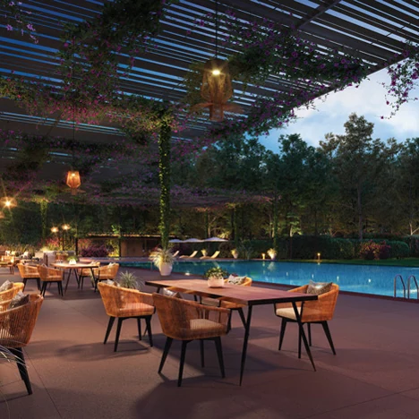 Lodha Mirabelle, near Manyata Tech Park - a different project Poolside dining tables under a lit pergola at dusk, Lodha Mirabelle render