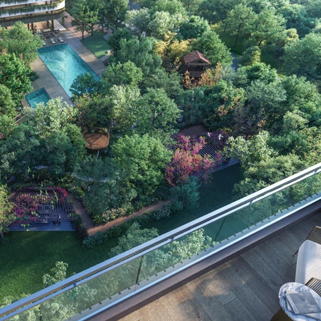 Lodha Haven, Hosa Road - a different project Landscaped gardens and a pool seen from a balcony, Lodha Haven render